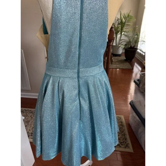 Sherri Hill Cocktail Dress Sz. 10 Blue Short Halter Glitter Shimmer Prom Formal - Picture 14 of 16
